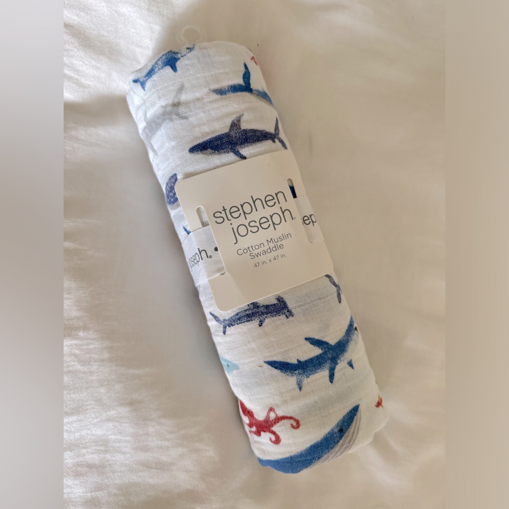 Stephen joseph shark sea theme baby boy Muslin swaddle 27” x 27” new with tags